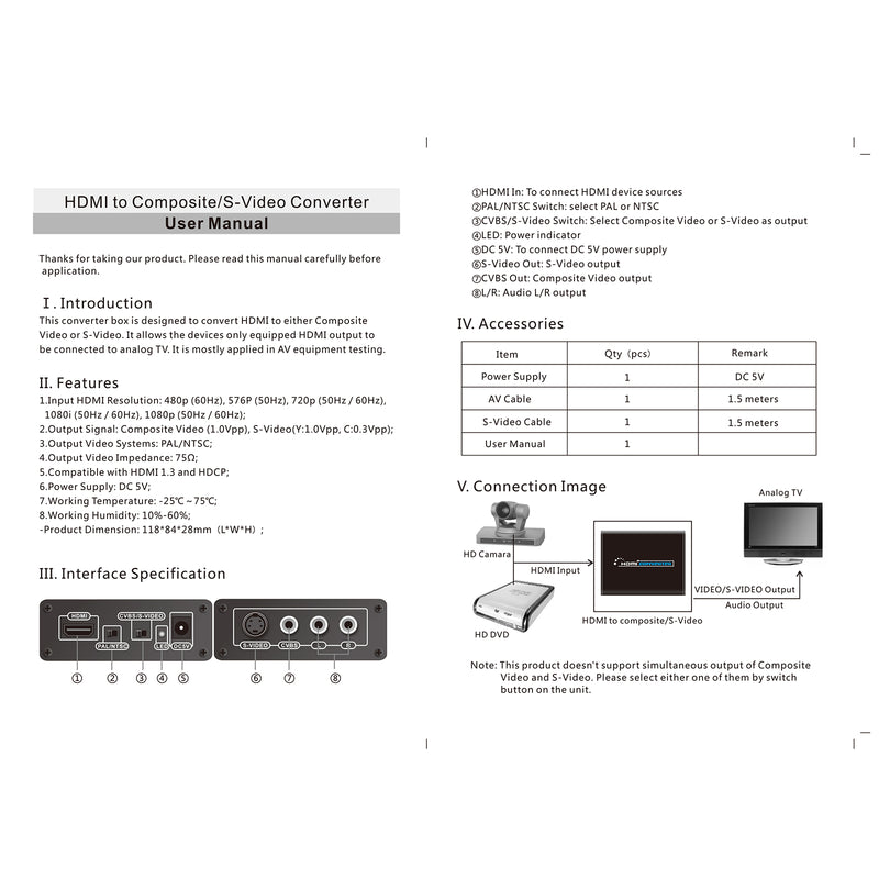 HDMI to 3 RCA AV+S-Video CVBS Composite R/L Audio 1080P Converter US Plug Power