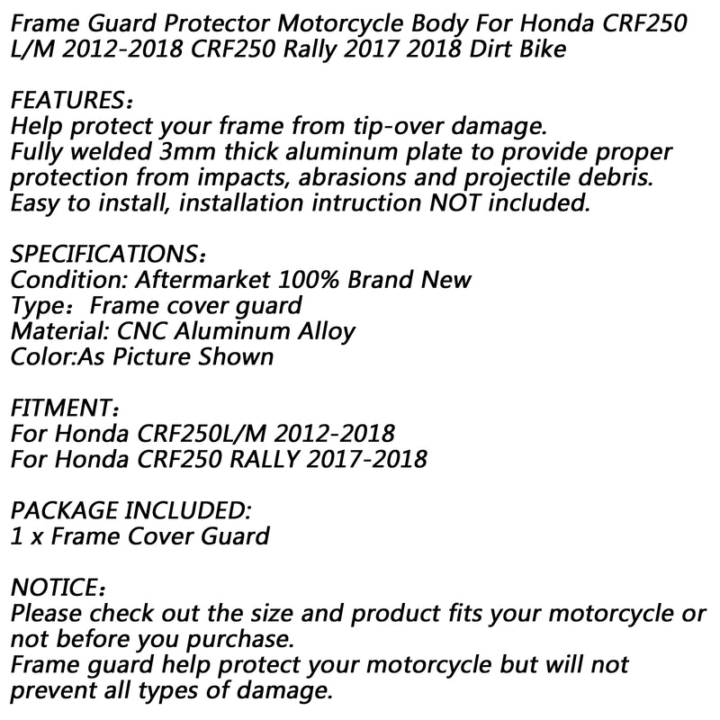 Frame Guard Frame Protector Cover For Honda CRF250L/M Rally 2012-2017 2018 Generic