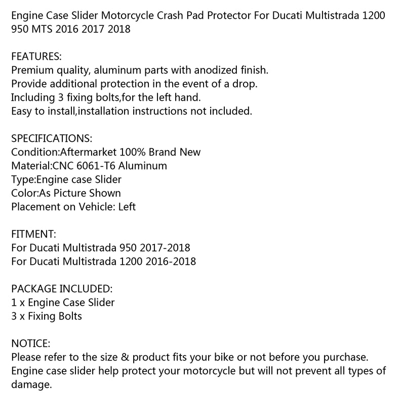 Engine Case Slider Crash Pad For Ducati Multistrada 1200 950 2016 2017 2018 Generic