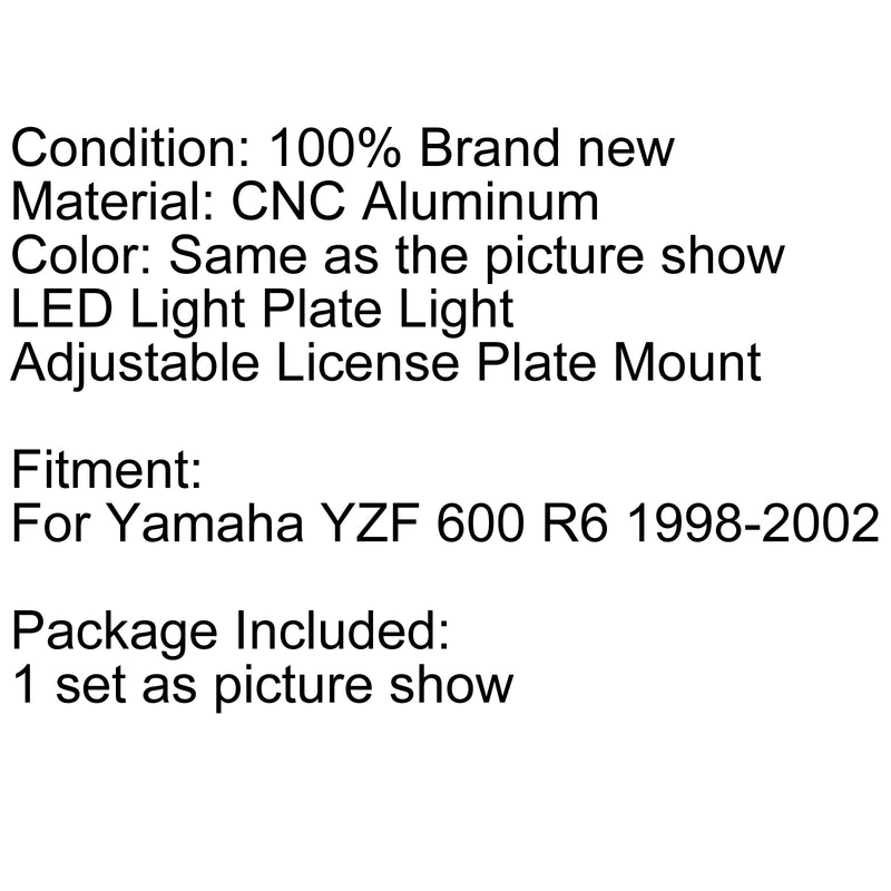 Adjustable License Plate Mount Holder Bracket For Yamaha YZF600 R6 YZF-R6 98-02 Generic