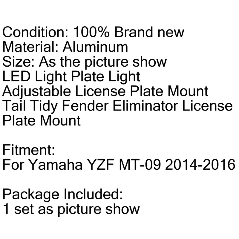 Fender Bracket License Plate Holder LED Light For Yamaha MT-09 FZ-09 2014-2016 Generic