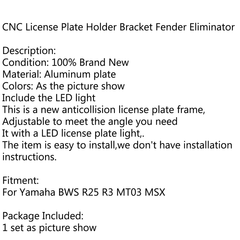 CNC License Plate Holder Bracket Fender Eliminator For Yamaha BWS R25 R3 MSX Generic