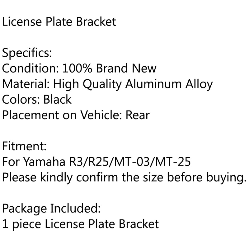 Motorcycle Aluminium Black License Plate Bracket For Yamaha R3/R25/MT-03/MT-25 Generic