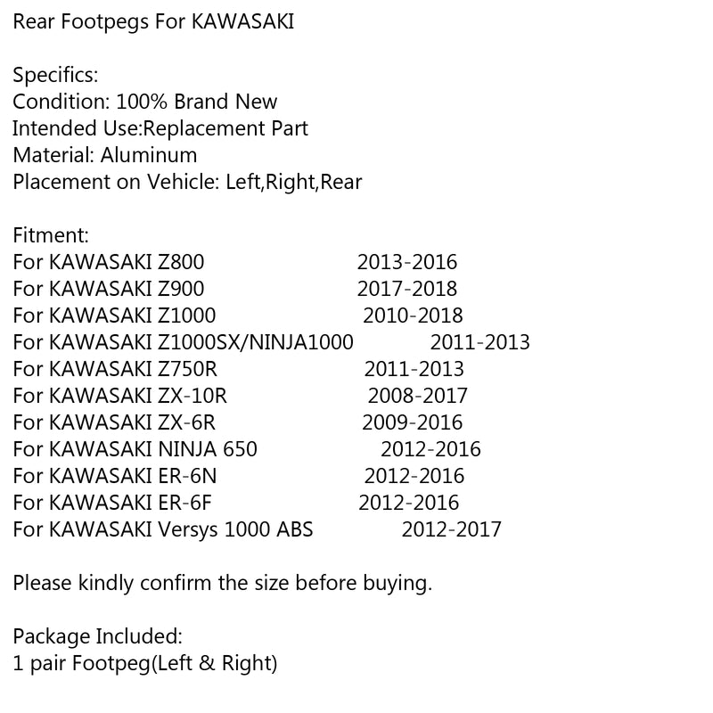 Rear Footpegs For KAWASAKI NINJA 650 1000 Z800 Z900 Z1000 Z750R ZX6R ZX10R Generic