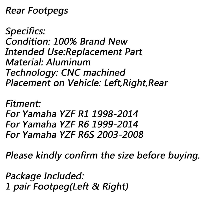Rear Foot Peg Footrest For Yamaha YZF R1 1998-2014 R6 1999-2014 R6S 2003-2008 Generic