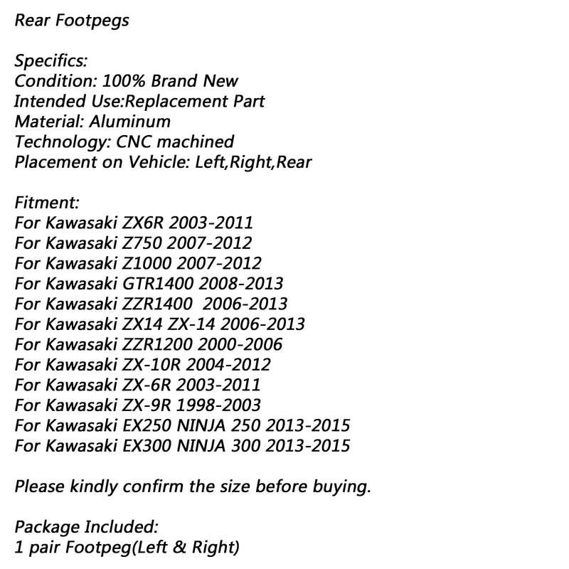 CNC Rear Foot Peg Footrest For Kawasaki EX250 EX300 NINJA 250 300 ZX14 ZZR1200 Generic