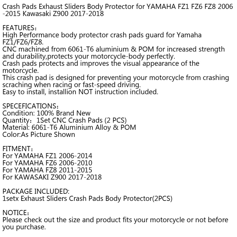 CNC Frame Exhaust Slider Crash Pad Protector For Yamaha FZ1 FZ6 FZ8 2011-2015 Generic