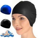 2x Swimming Cap Waterproof Silicone Swim Pool Hat For Adult Men And Women BK+BLU