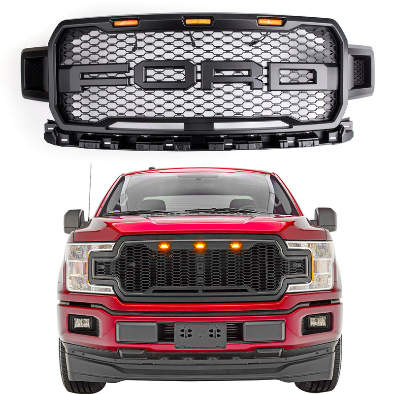 2018-2020 Ford F-150 Fornt Upper Grill Amber LED Repalcement ABS Grille Black