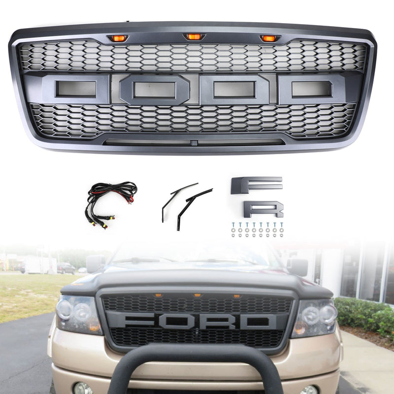 F150 2004-2008 Ford Front Mesh Hood Grill Replacement Grille Raptor Style With LED Generic