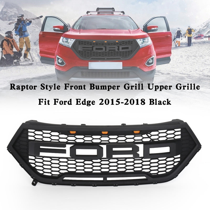 15-18 Ford Edge Black Raptor Style Front Bumper Grill Upper Grille + Amber LED Lights