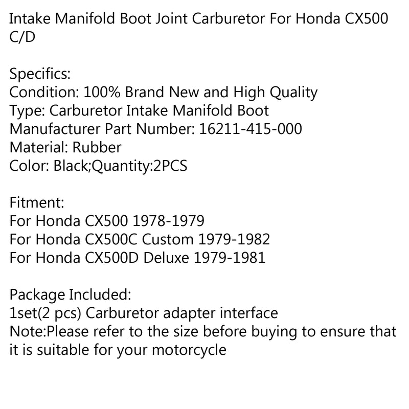 Carburetor Intake Manifold Boots Fit for Honda CX500 C D Custom Deluxe 1978-1982 Generic