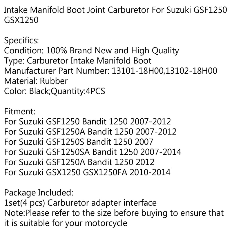 Carburetor Intake Manifold Boots Set For Suzuki GSF1250 Bandit 2007-2012 Generic