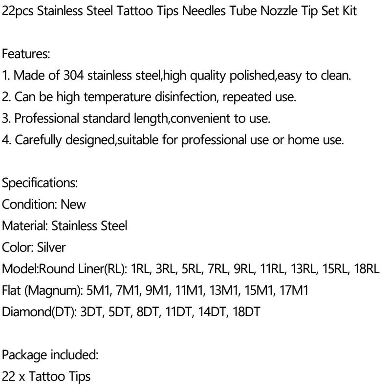 22pcs Stainless Steel Tattoo Tips Needles Tube Nozzle Tip Set Kit