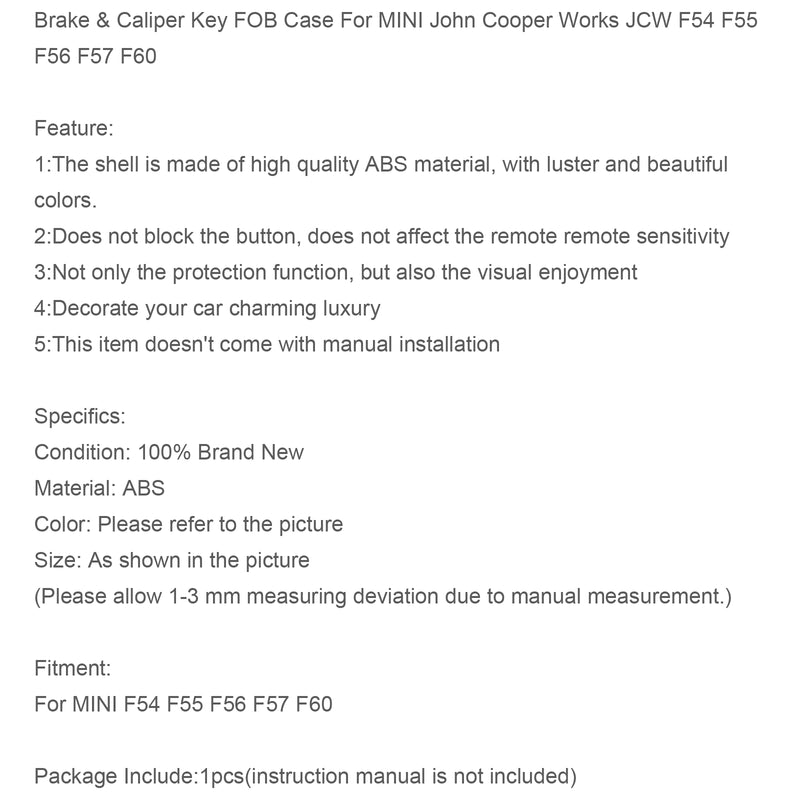 Brake & Caliper Key FOB Case For MINI John Cooper Works JCW F54 F55 F56 F57 F60 Generic