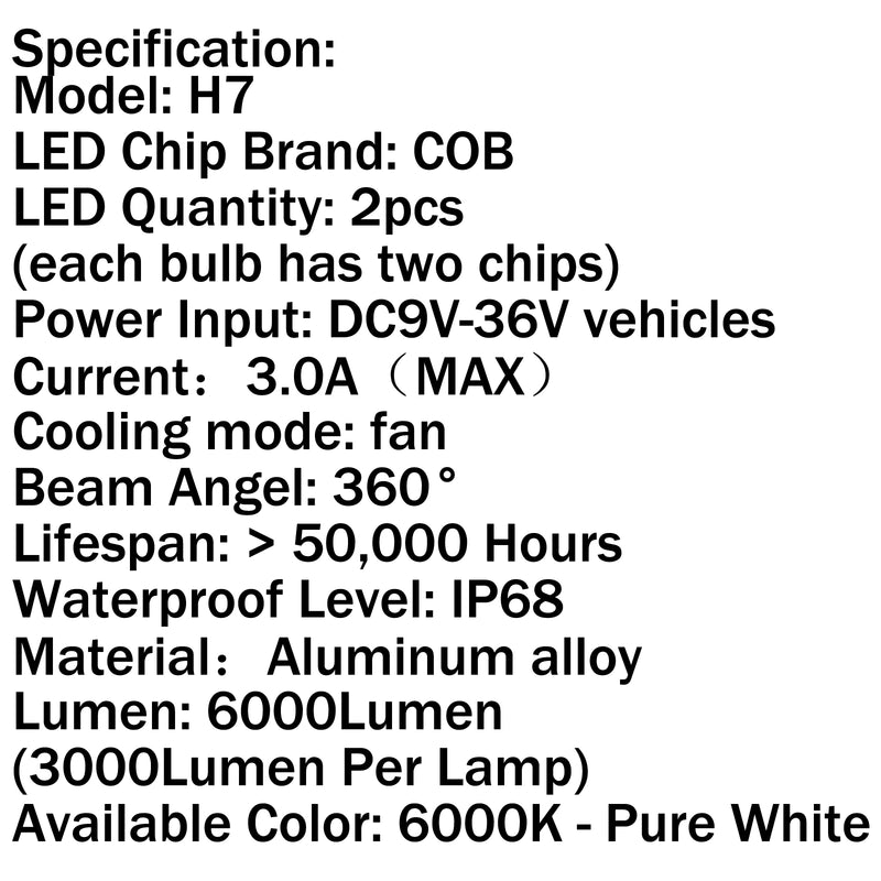 60W 6000LM H7 6000K LED Headlight 12V Car Upgrade Conversion Bulbs kit White Generic