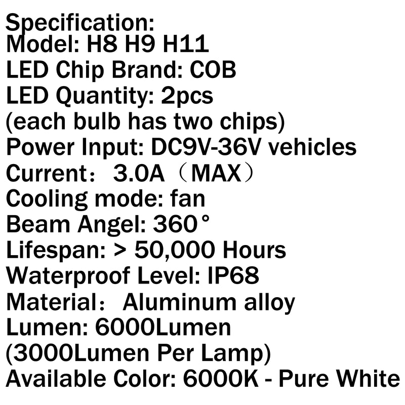 60W H8 H9 H11 6000K LED Headlight 12V Car Upgrade Conversion Bulbs Kit 6000LM Generic