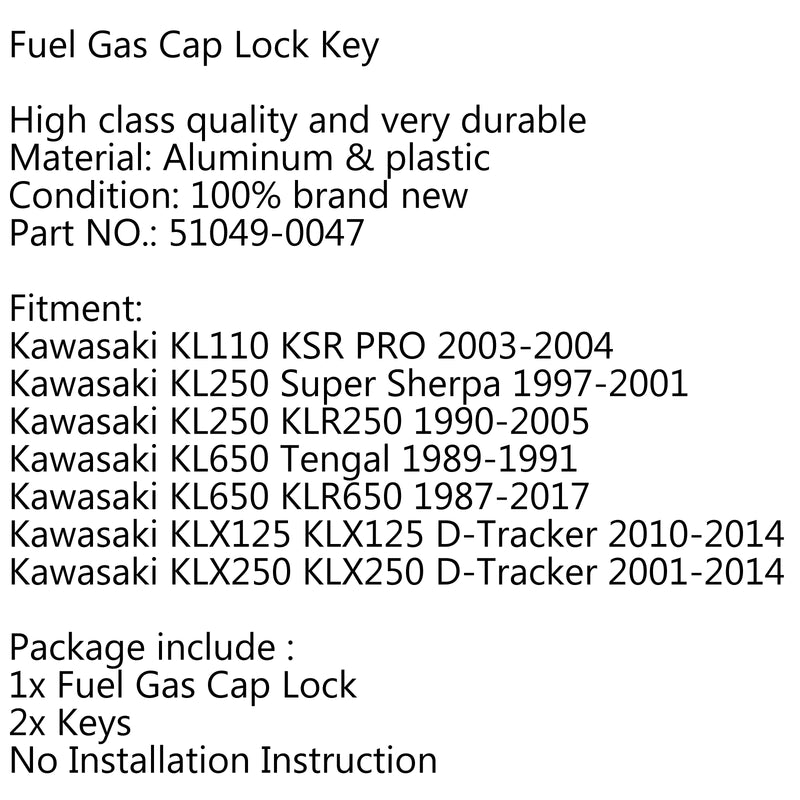 Fuel Gas Tank Cap Key For Kawasaki KL11 KSR PRO KL65 Tengal KLX125 D-Tracker