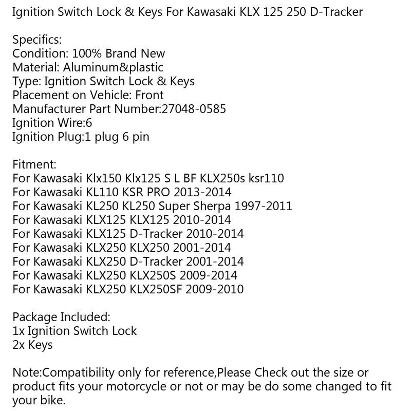 Ignition Switch Lock Keys For Kawasaki KL11 KSR PRO 13-14 KLX25 KLX125