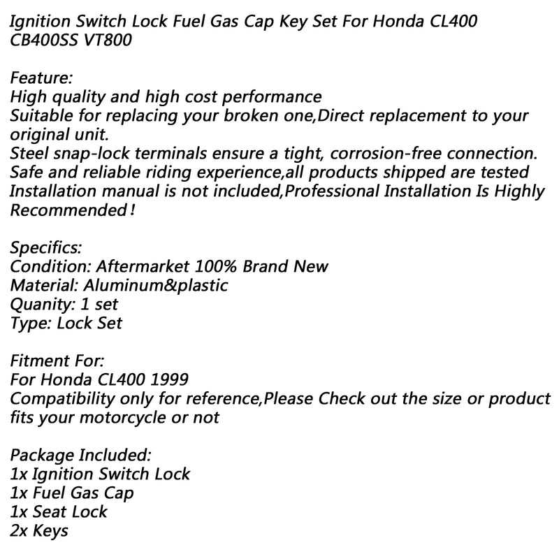 Ignition Switch Lock Fuel Gas Cap Seat Helmet Lock Keys Kit for Honda CL4 1999