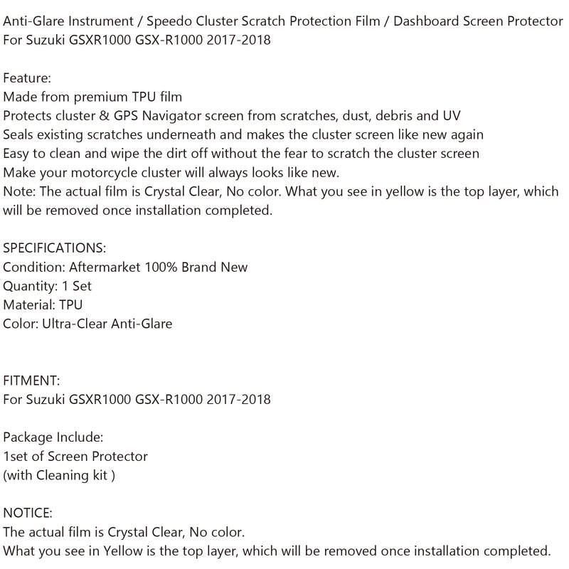 Cluster Scratch Dashboard Screen Protector For Suzuki GSXR1000 GSX-R1000 2017-18 Generic