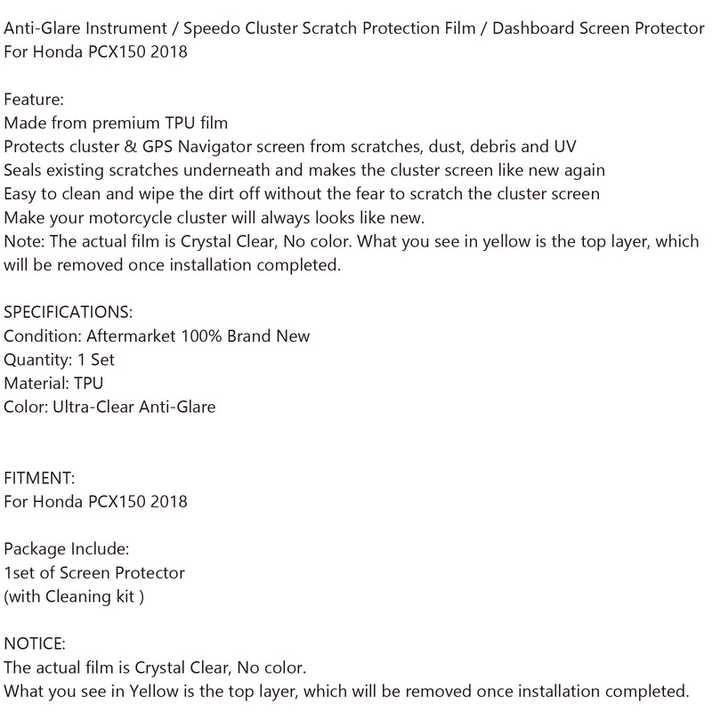 Moto Anti-Glare Ultra Clear Dashboard Screen Protectors For Honda PCX150 2018 Generic