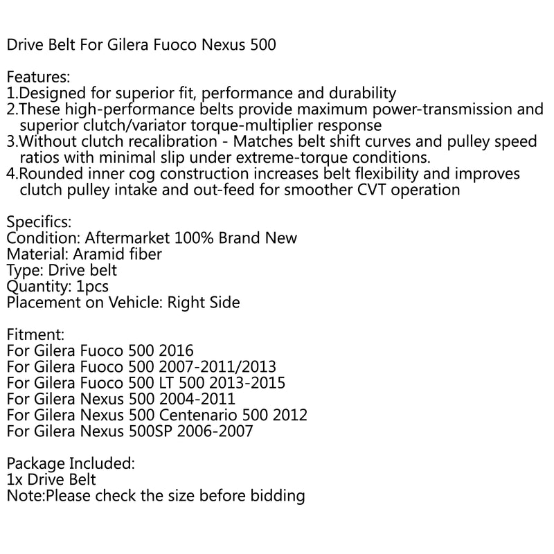 Drive Belt For Gilera Fuoco 500 2016 LT Nexus 500 SP 2006-2007 Generic