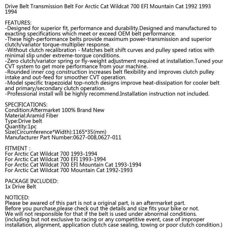 Drive Belt For Arctic Cat 0627-008 0627-011 Snowmobile Wildcat 700 EFI 92-94 Generic