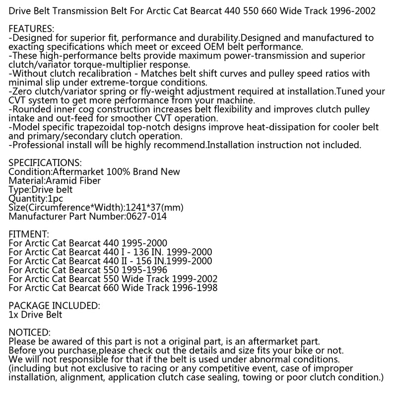Drive Belt For Arctic Cat 0627-014 Snowmobile Bearcat 440 550 660 Wide Track Generic