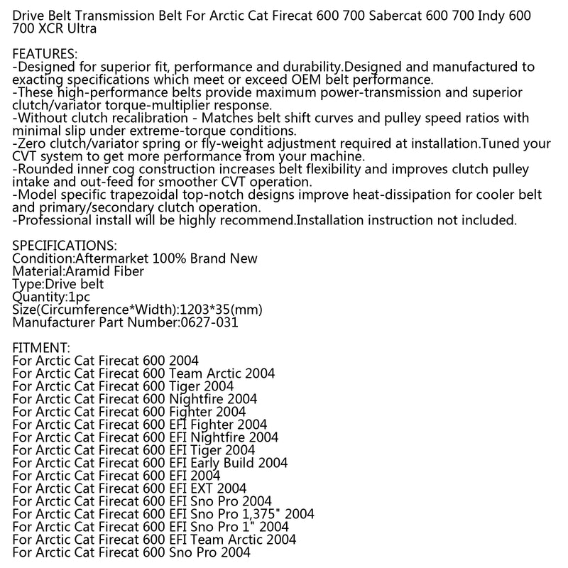 Drive Belt For Arctic Cat Snowmobile 627-035 FireCat SaberCat 700 EFI 2005 2006 Generic