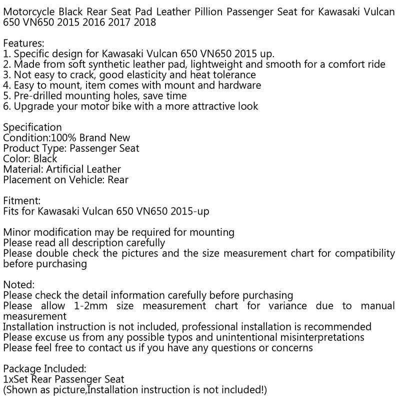 Motorcycle Rear Passenger Pillion Pad Seat For 2015-up Kawasaki Vulcan 650 VN650 Generic