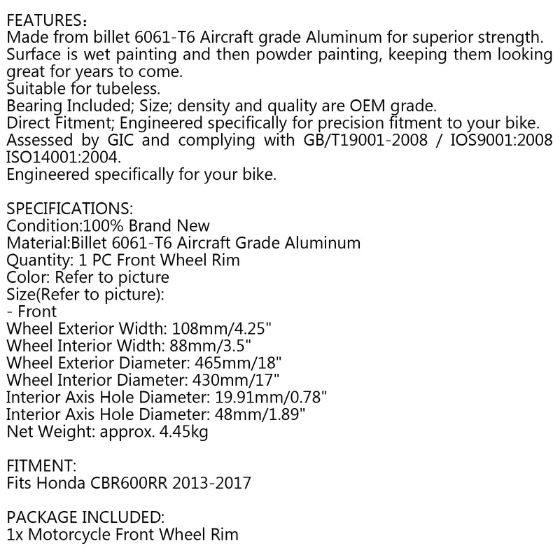 Front Wheel Rim 17x 3.5 For Honda CBR 600 RR CBR600RR 2013-2017 Generic