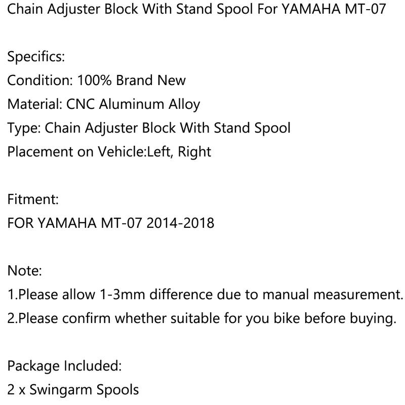 2014-2018 YAMAHA MT-07 FZ-07 CNC Chain Adjuster Block W/Swingarm Spools Slider