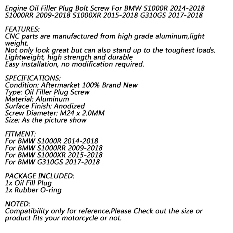 Aluminum Engine Oil Filler Cap for BMW S1000RR S1000R S1000XR G310GS 09-18