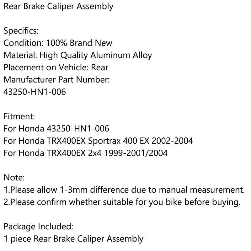 Rear Brake Caliper Assembly 43250-HN1-006 For Honda TRX400EX Sportrax 400 EX 2x4 Generic