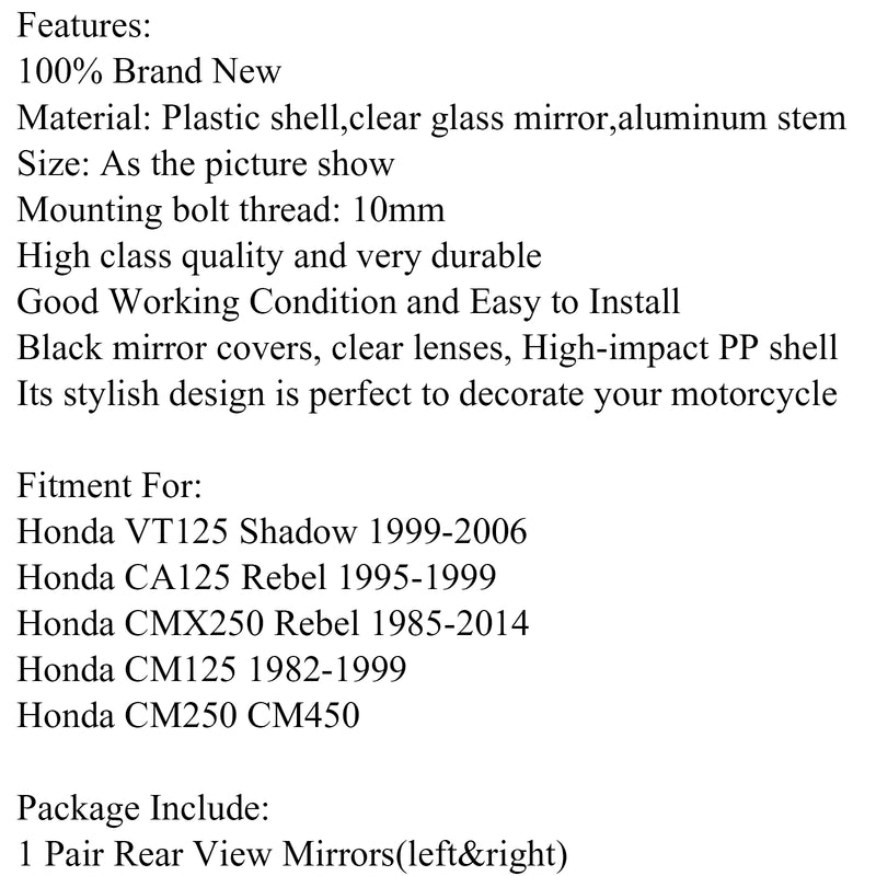 Pair Motorcycle Rearview Mirror For Honda CA125 CMX250 Rebel CM125 VT125 Shadow Generic