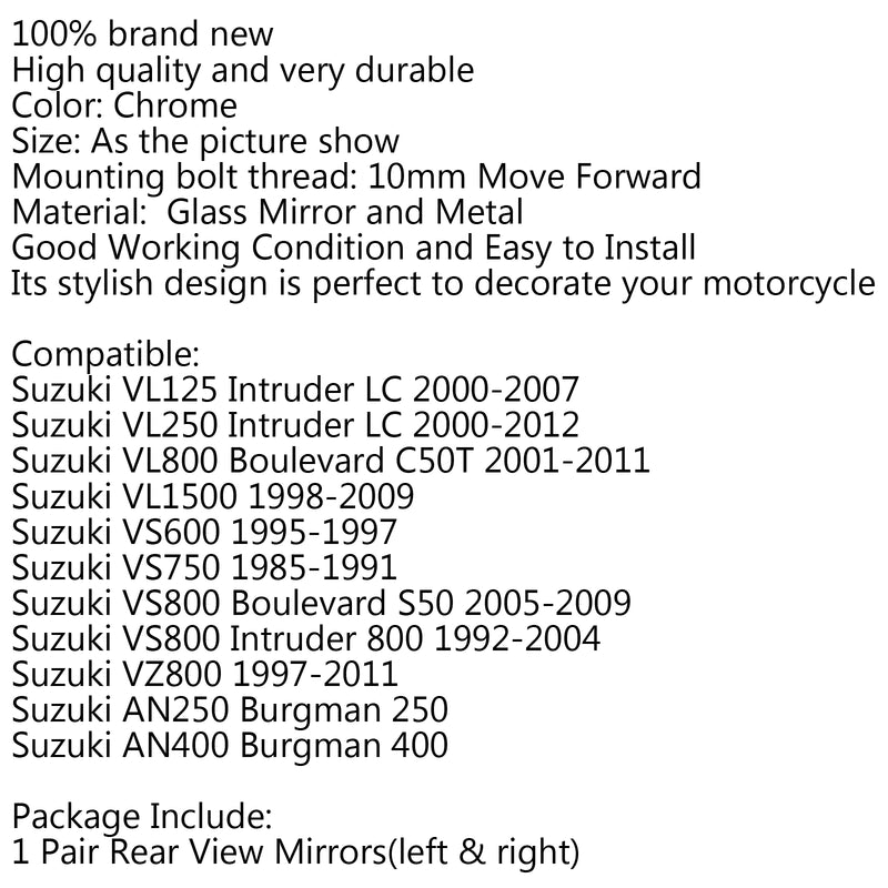 10mm Rear View Mirror Rear Side Mirror Move Forward For Suzuki VS600 VS750 VL800 Generic