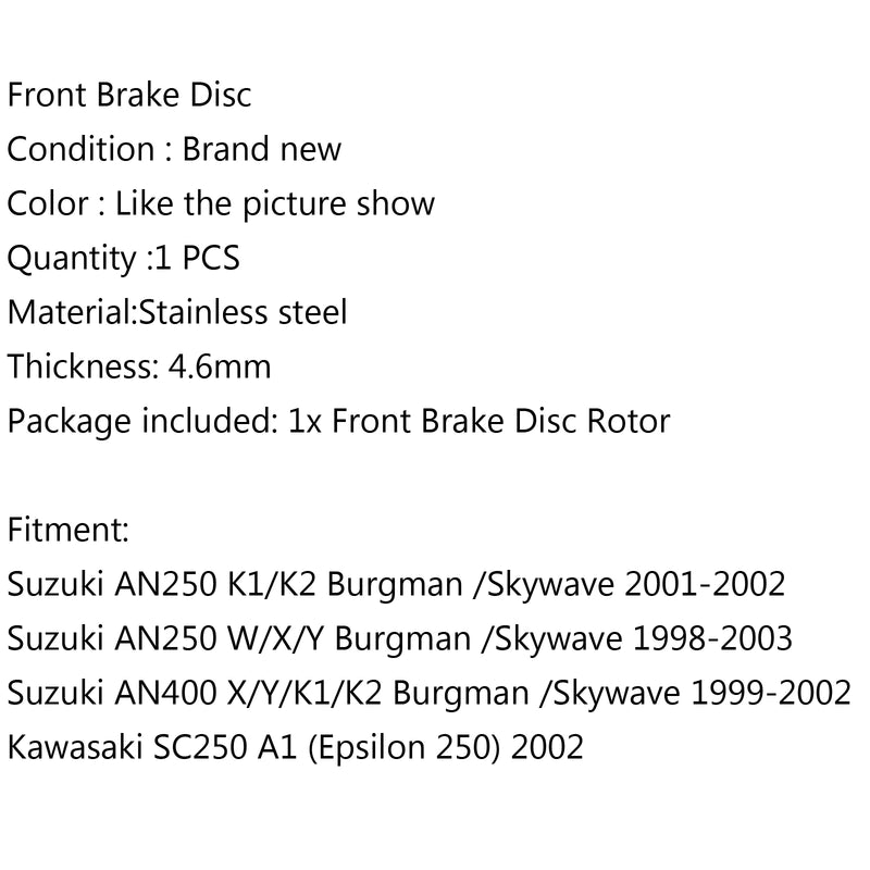 Front Brake Disc Rotor For Suzuki AN250 K1/K2 01-02 AN400 W/X/Y Kawasaki SC250 Generic