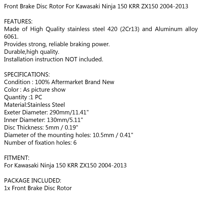 Front Brake Disc Rotor 290mm For Kawasaki Ninja 150 KRR ZX150 2004-2013 Generic