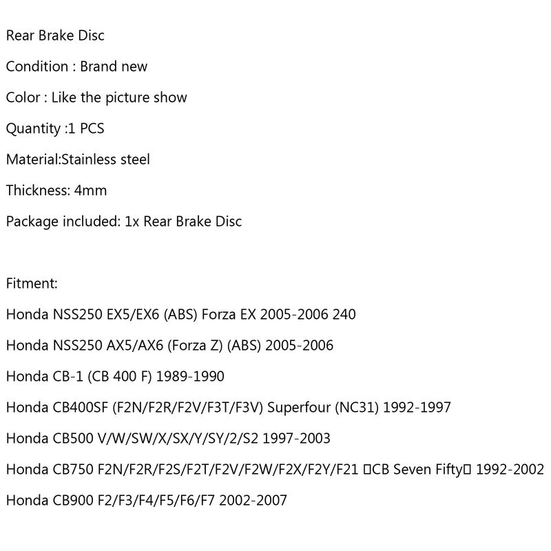 Rear Brake Disc Rotor For Honda NSS250 EX 5/6 AX 5/6 05-06 CB-1 CB 500/700/900 Generic