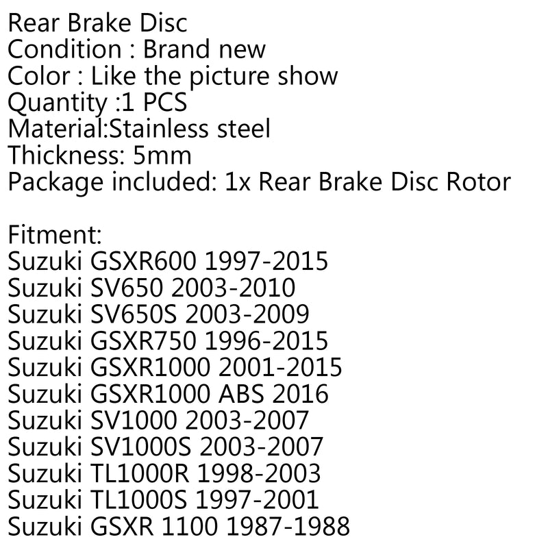 Rear Brake Disc Rotor for Suzuki SV650/S 03-09 SV1000/S 03-07 TL1000R/S 98-03 Generic
