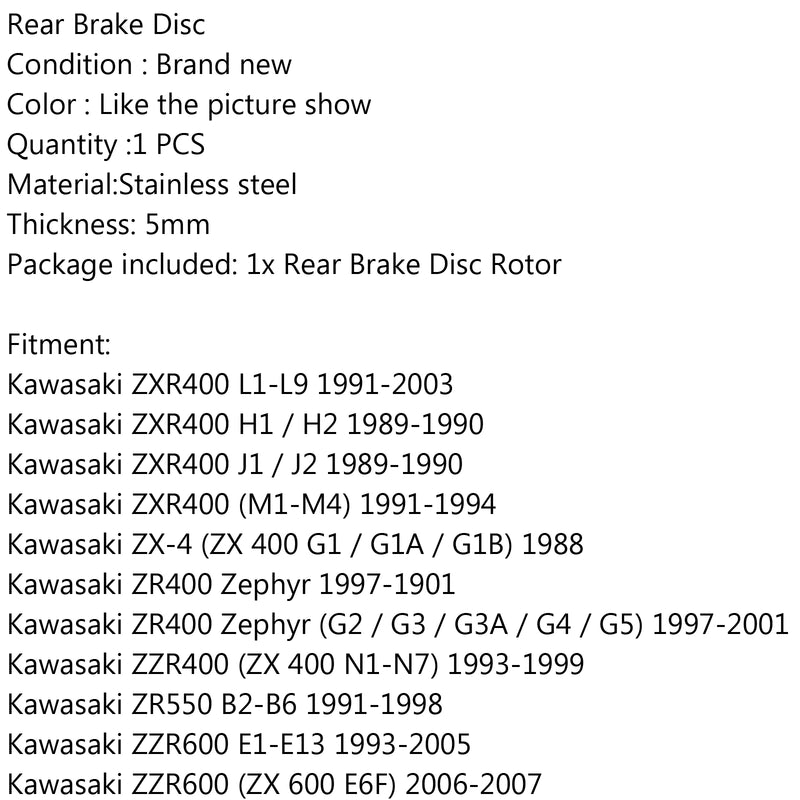 Rear Brake Disc Rotor For Kawasaki ZXR400 89-04 ZR400 Zephyr 97-01 ZZR600 93-07 Generic