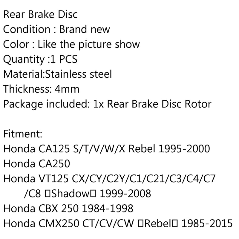 Rear Brake Disc Rotor For Honda CA125 S/T/V CA250 VT125 CX C1-C4 CMX250 Rebel Generic