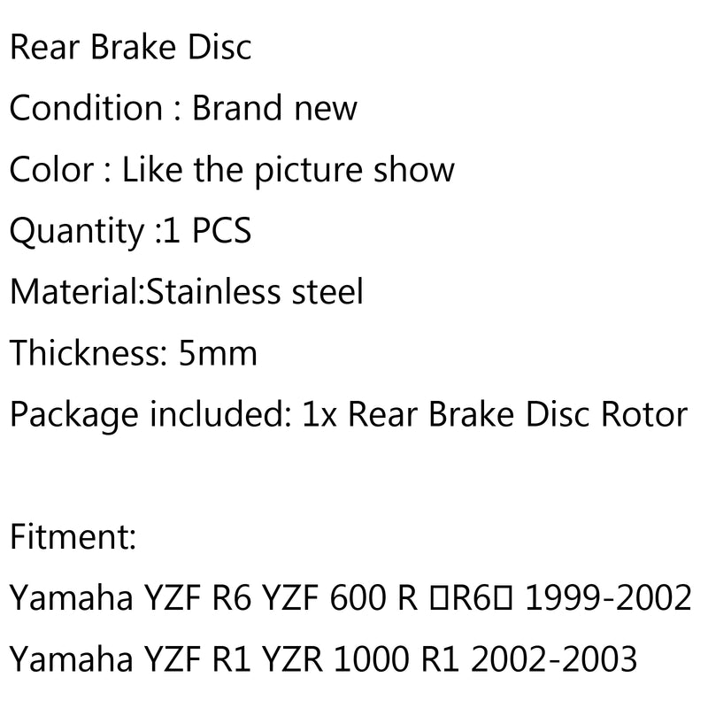 Rear Brake Disc Rotor For Yamaha YZF R6 YZF 600 R ?R6? 99-02 YZR 1000 R1 02-03 Generic