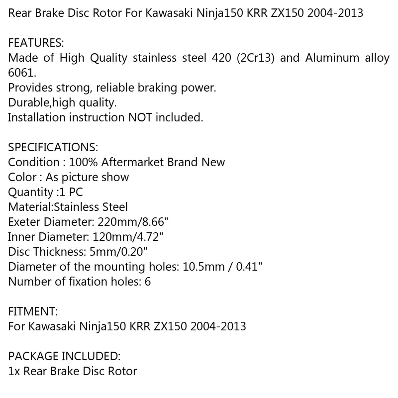 Rear Brake Disc Rotor 220mm For Kawasaki Ninja 150 KRR ZX150 2004-2013 Generic