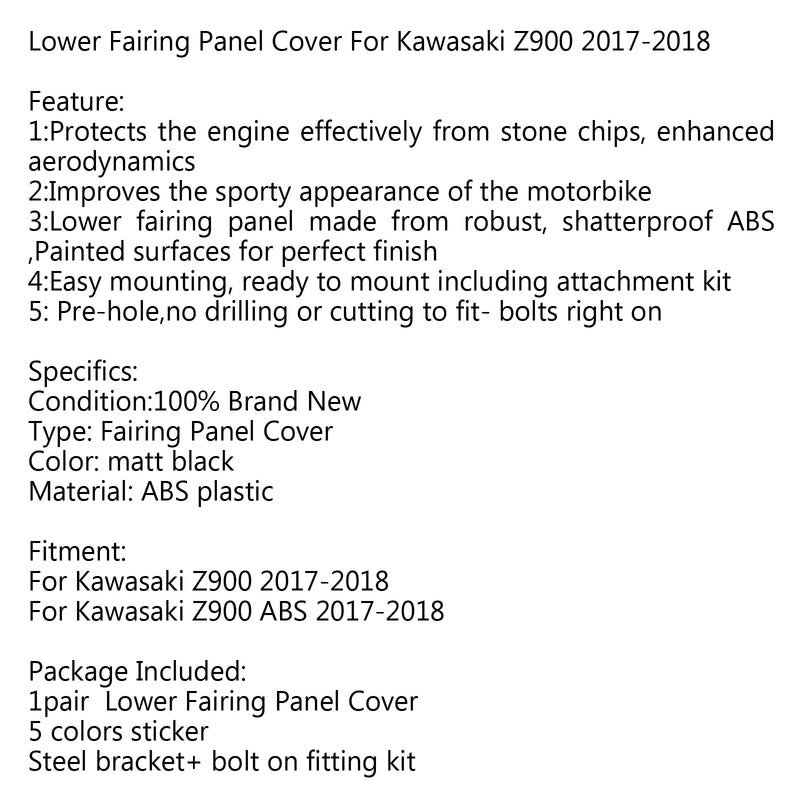 Body Frame Fenders Lower Fairing Panel Puig cover for Kawasaki Z900 2017 2018 Generic
