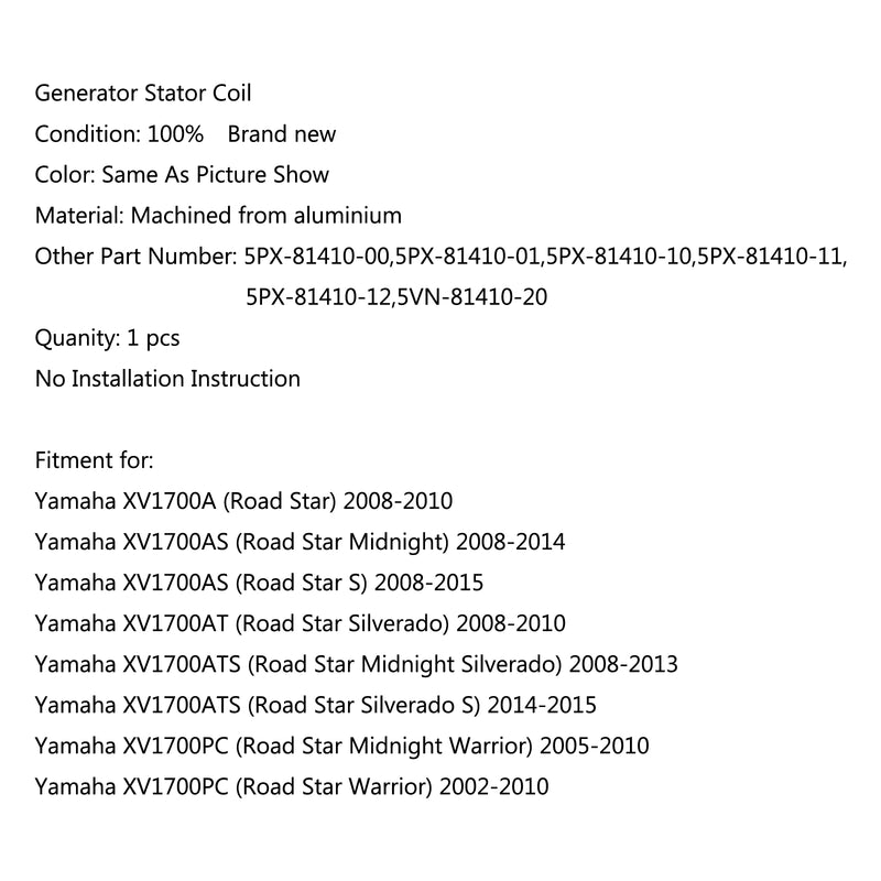 Generator Stator Coil For Yamaha XV1700ATS (Road Star Midnight Silverado) (08-13) Generic