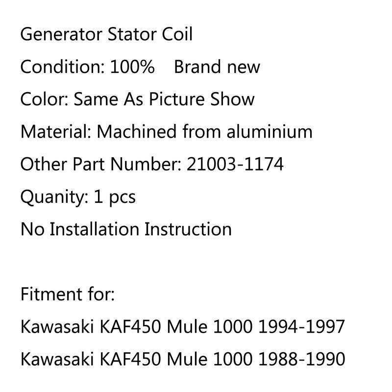 Generator Stator Coil For Kawasaki KAF450 Mule 1000 (94-97) (88-90) Generic
