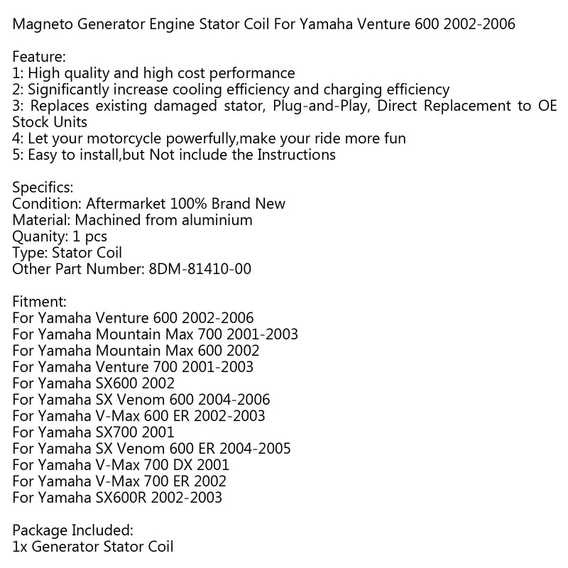 Generator Stator Coil For Yamaha Venture 600 (02-06) SX600R (02-03) Generic