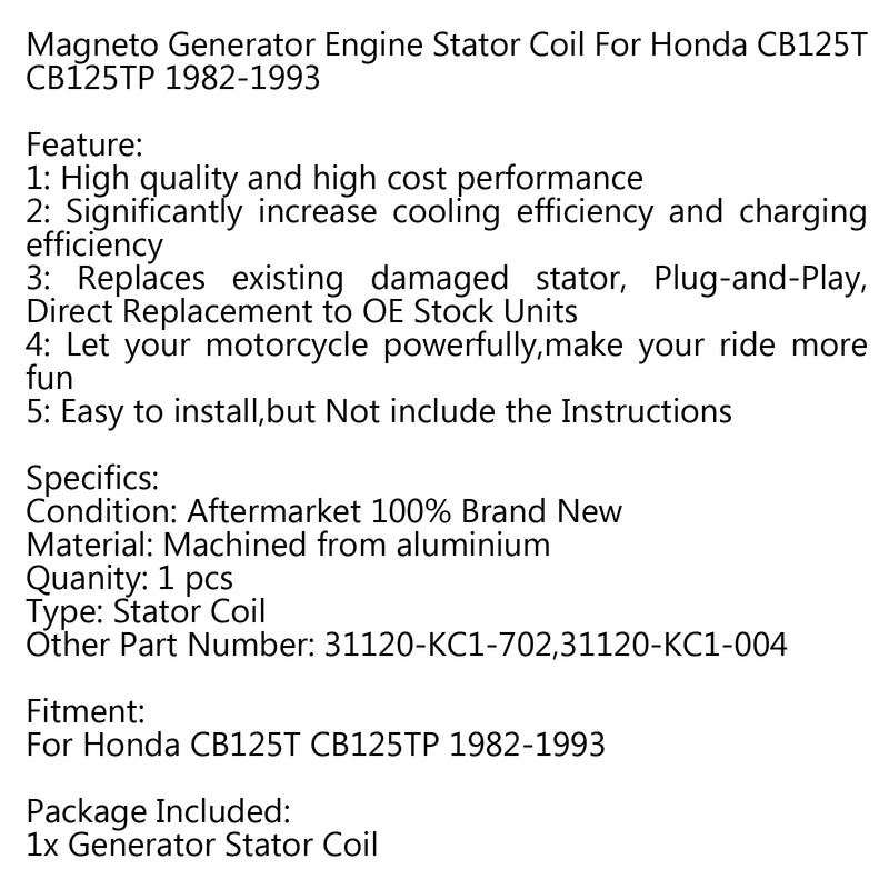 Generator Stator Coil 31120-KC1-004 For Honda CB125T CB125TP (82-1993) Generic